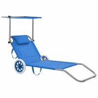 VidaXL Ligbed met luifel en wieltjes inklapbaar staal blauw - thumbnail