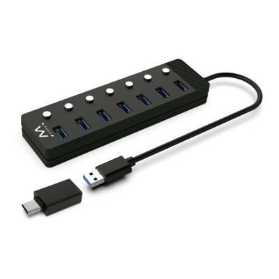 Ewent EW1147 Hub USB 3.2 Gen1, Concentrador USB, USB-splitter, 7 puerto's met interruptores Encendido/Apagado Individuale en Indicadores LED, met kabel van 1,2 m, met adapter 5V/3A, Negro