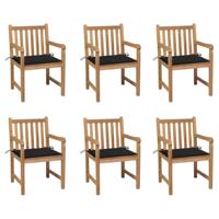 Tuinstoelen 6 st met zwarte kussens massief teakhout - thumbnail