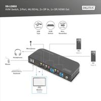 Digitus DS-12850 KVM-switch 2 + 2 poorten DisplayPort, HDMI Afstandsbediening, Toetsenbord 3840 x 2160 Pixel - thumbnail
