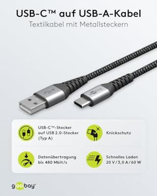 goobay USB-C naar USB-A textielkabel met metalen aansluitingen