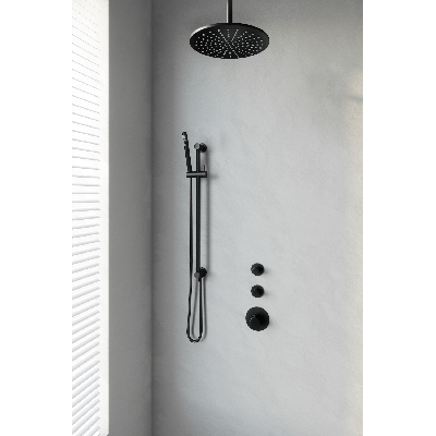 Mat zwarte thermostatische inbouw regendouche set 18 met 30 cm douchekop, plafondarm, staaf handdouche, doucheslang en geïntegreerde glijstang