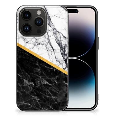 iPhone 15 Pro Marmeren Print Telefoonhoesje Marmer Wit Zwart - Origineel Cadeau Man