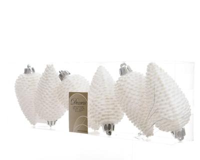 6 Dennenappels plastic glitter hang diameter 4.5x8cm winterwit KSD - Ksd