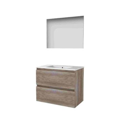 Basic-Line Basic 46 Badkamermeubelset - 80 x 46 cm - Greeploos - 2 Lades - Keramische Wastafel - 1 Kraangat - Spiegel - Scotch Oak