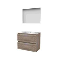 Basic-Line Basic 46 Badkamermeubelset - 80 x 46 cm - Greeploos - 2 Lades - Keramische Wastafel - 1 Kraangat - Spiegel - Scotch Oak - thumbnail