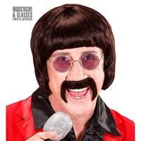 Popster sixtees pruik met snor en bril bruin - thumbnail