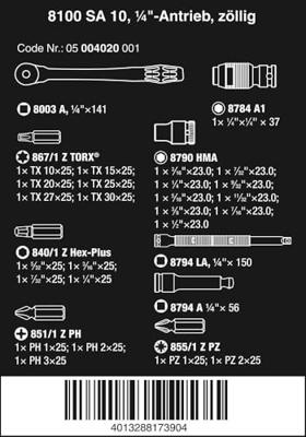 Wera 8100 SA 10 Zyklop Metal-ratelset doorsteekvierkant, 1/4"-aandrijving, inch , 28 -delig - 1 stuk(s) - 05004020001 - thumbnail