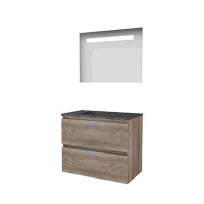 Basic-Line Economic 46 Badkamermeubelset - 80 x 46 cm - Greeploos - 2 Lades - Hardstenen Wastafel - Zonder Kraangat - Spiegel met LED Verlichting - Scotch Oak