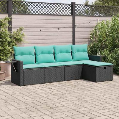 5-delige Loungeset met kussens poly rattan zwart