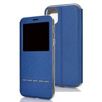 Voor iPhone 11 matte textuur horizontale Flip beugel mobiele telefoon holster venster met beller-ID en metalen knop schuif om te ontgrendelen (blauw) - thumbnail