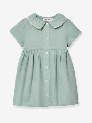 Korte jurk van katoengaas saliegroen