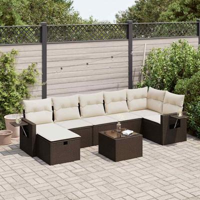 7-delige Loungeset met kussens poly rattan bruin