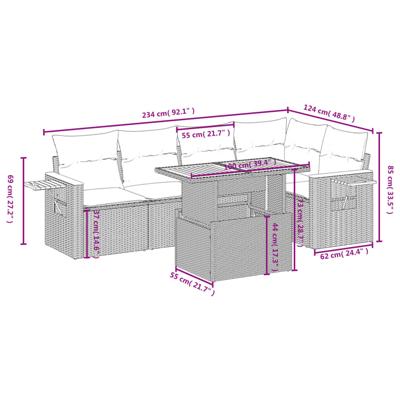 6-delige Loungeset met kussens poly rattan beige