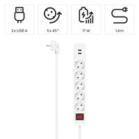 Hama Stekkerdoos 5-voudig USB-A 17W Schakelaar 1,4 M Wit - thumbnail