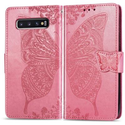 Vlinder liefde bloemen reliëf horizontale Flip lederen case voor de Galaxy S10 met houder & card slots & portemonnee & Lanyard (roze)