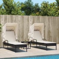 Ligbedden 2 st met luifels en tafel poly rattan zwart - thumbnail
