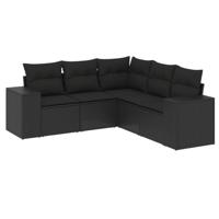 5-delige Loungeset met kussens poly rattan zwart - thumbnail