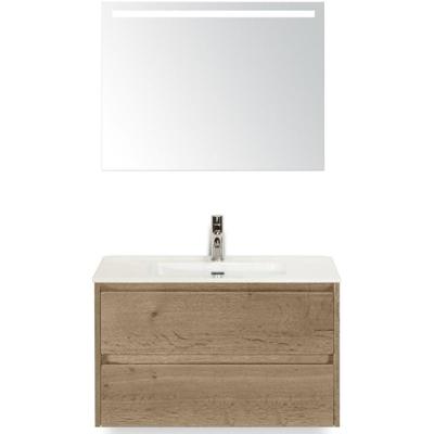 Dante Badmeubelset 80 cm - Natuur Eiken - Keramische Wastafel Wit Cover met Sence Spiegel