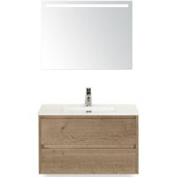 Dante Badmeubelset 80 cm - Natuur Eiken - Keramische Wastafel Wit Cover met Sence Spiegel - thumbnail