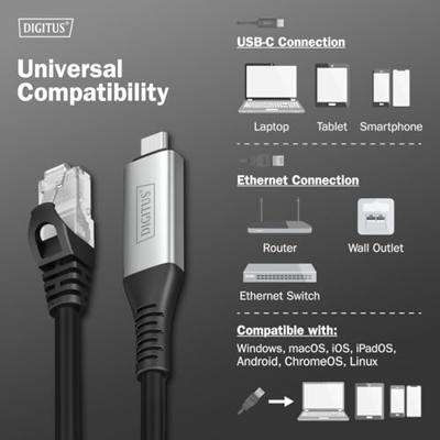Digitus USB 3.1 Gen 1 (USB3.0), USB 3.2 Gen 1 (USB 3.0), USB, USB-C Adapterkabel [1x USB, USB 3.2 Gen 1 (USB 3.0) - 1x RJ45, RJ45-stekker] AK-300601-100-S 10 m