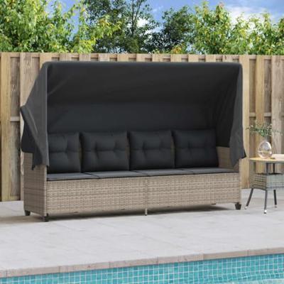 Ligbed met luifel en kussens poly rattanlichtgrijs
