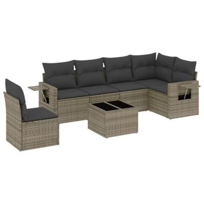7-delige Loungeset met kussens poly rattan grijs