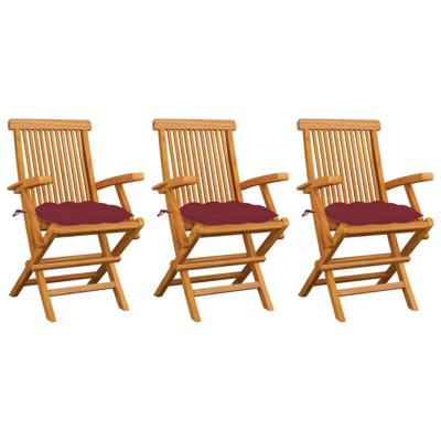 VidaXL Klapstoelen met wijnrode kussens, 3 stuks, massief teakhout