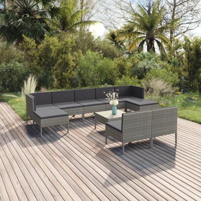 10-delige Loungeset met kussens poly rattan grijs
