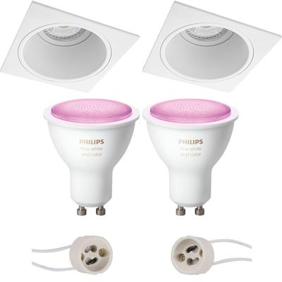 GU10 Inbouwspot Set - Mat Wit - Inbouw Vierkant - Verdiept - Philips Hue - White and Color Ambiance - Bluetooth - Pragmi Minko Pro - 90mm