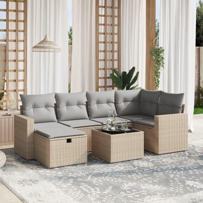 7-delige Loungeset met kussens poly rattan gemengd beige