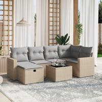 7-delige Loungeset met kussens poly rattan gemengd beige - thumbnail