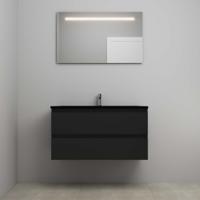 On-Line Badkamermeubelset - 100 cm - Voorgemonteerd - Ladestructuur - Acryl Wastafel - 1 Kraangat - Spiegel met LED-Verlichting - Mat Zwart - thumbnail