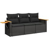 3-delige Loungeset met kussens poly rattan zwart - thumbnail