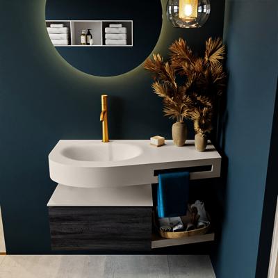 MONDIAZ RIVA 100cm badmeubel onderkast / planchet kleur Antracite met 1 lade. Wastafel DULCET links 1 kraangat kleur Linen.