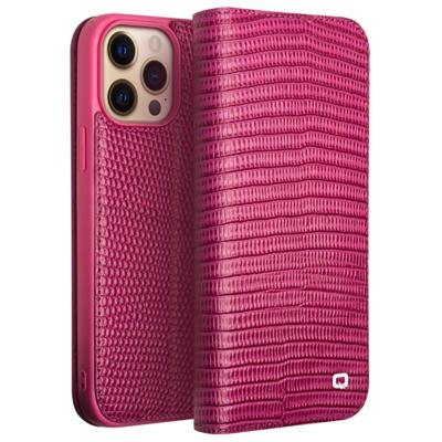 Qialino - iPhone 14 Pro Max - Leren bookcase hoes - Croco Roze