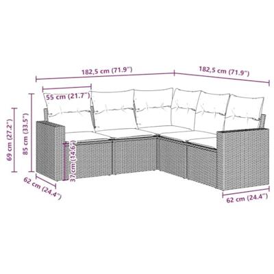 5-delige Loungeset met kussens poly rattan bruin