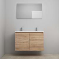 On-Line Badkamermeubelset - 100 cm - Bouwpakket - Greeploos 2 Deuren - Acryl Wastafel - 2 Kraangaten - Spiegel - Eiken - thumbnail