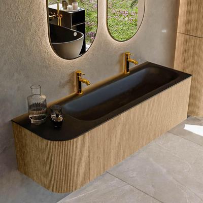 Mondiaz KURVE 145 cm Onderkast Greeploos 1 Lade Met Deuren Oak, Wastafel Solid Surface Rechts Urban 2 Kraangaten Zonder Spiegel (KRVBGL145L1L1D2KR-Oak/Urb)