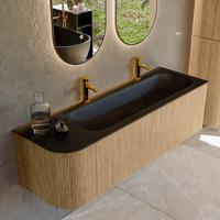 Mondiaz KURVE 145 cm Onderkast Greeploos 1 Lade Met Deuren Oak, Wastafel Solid Surface Rechts Urban 2 Kraangaten Zonder Spiegel (KRVBGL145L1L1D2KR-Oak/Urb) - thumbnail
