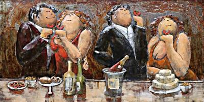 Schilderij - Metaalschilderij - Dikke dames in gezelschap , 120x80cm