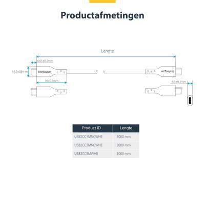 StarTech.com 3m USB-C Laadkabel, Wit, USB 2.0 Type-C Laptop Oplaadkabel, 60W 3A Power Delivery, USB-C Data Kabel, M/M