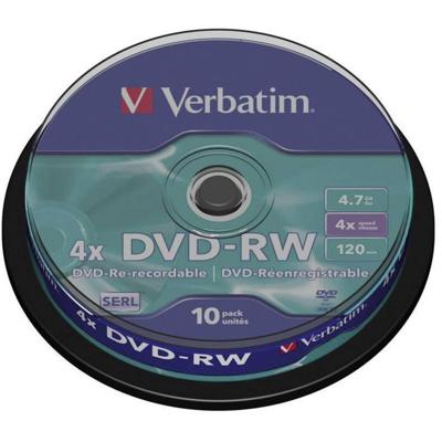 Verbatim 2330530 DVD RW 4,7 GB - 4x brandsnelheid, lange levensduur, krasbescherming, 10 Pack Spindle, meerkleurig