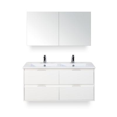 Porto Badmeubelset 120 cm - 4 laden Wit Hoogglans - Keramische Wastafel Wit Slim - met Spiegelkast