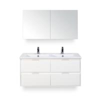 Porto Badmeubelset 120 cm - 4 laden Wit Hoogglans - Keramische Wastafel Wit Slim - met Spiegelkast - thumbnail
