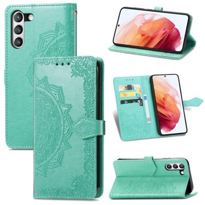 Voor Samsung Galaxy S21 FE Halfway Mandala Embossing Patroon Horizontale Flip Lederen Hoesje met Houder & Kaart Slots &Portemonnee &Lanyard (Groen)