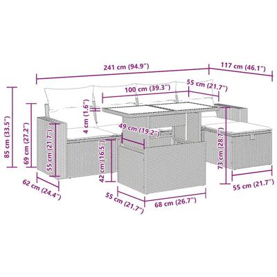 6-delige Loungeset met kussens poly rattan lichtgrijs