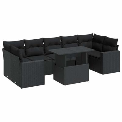 8-delige Loungeset met kussens poly rattan zwart