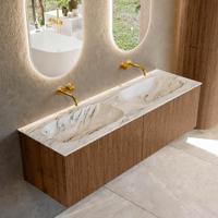 Mondiaz KURVE-DLUX 150 cm Onderkast Greeploos 2 Lades Zonder Deuren Walnut, Wastafel Solid Surface Dubbel Glace 0 Kraangaten Zonder Spiegel (KRVSTS1502L0D0KD-Wal/Gla) - thumbnail