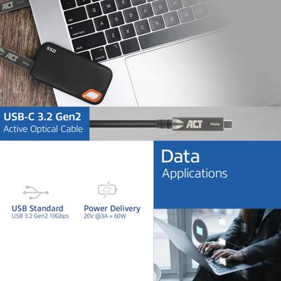 ACT AK4330 USB-C 3.2 Gen2 Active Optical Cable (AOC) | Touchpanels | Video/Data/Power | 4K @ 60Hz | PD 60Watt | 10 meter